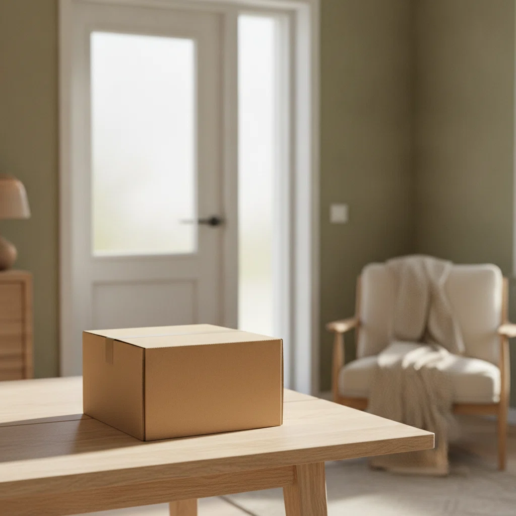 A neat plain kraft parcel box sitting on a table near a bright front door, ready for collection