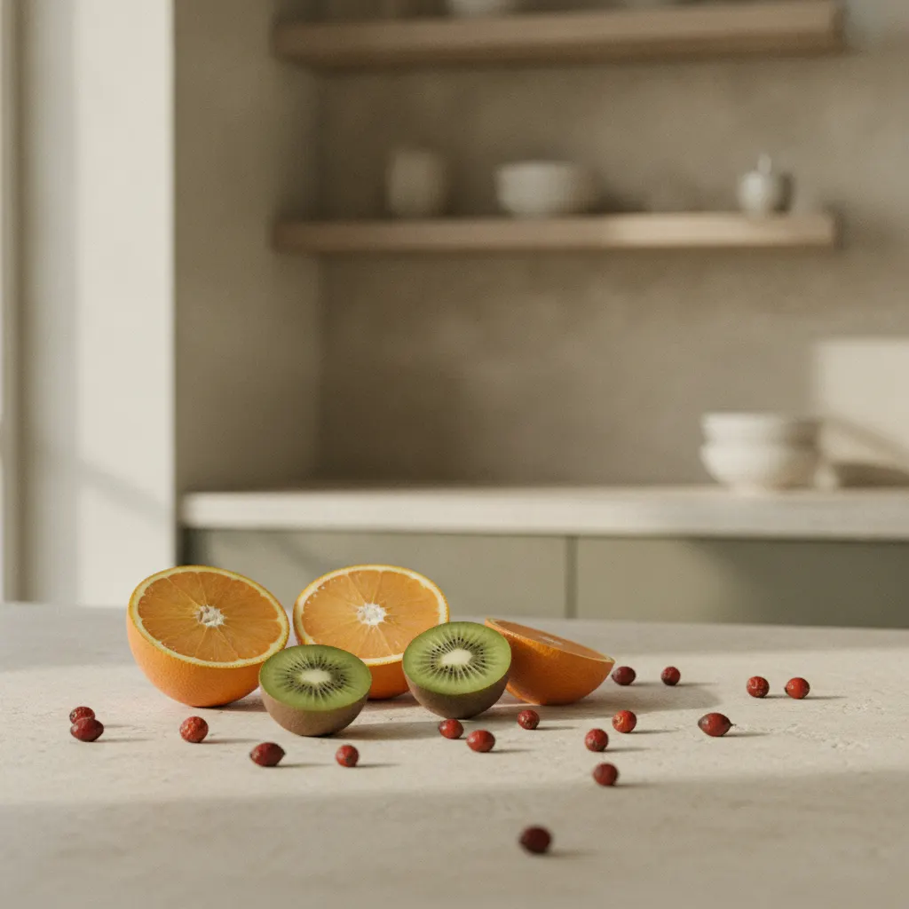 Fresh oranges, kiwi fruit and rosehip on a light stone bench with vitamin C-rich foods