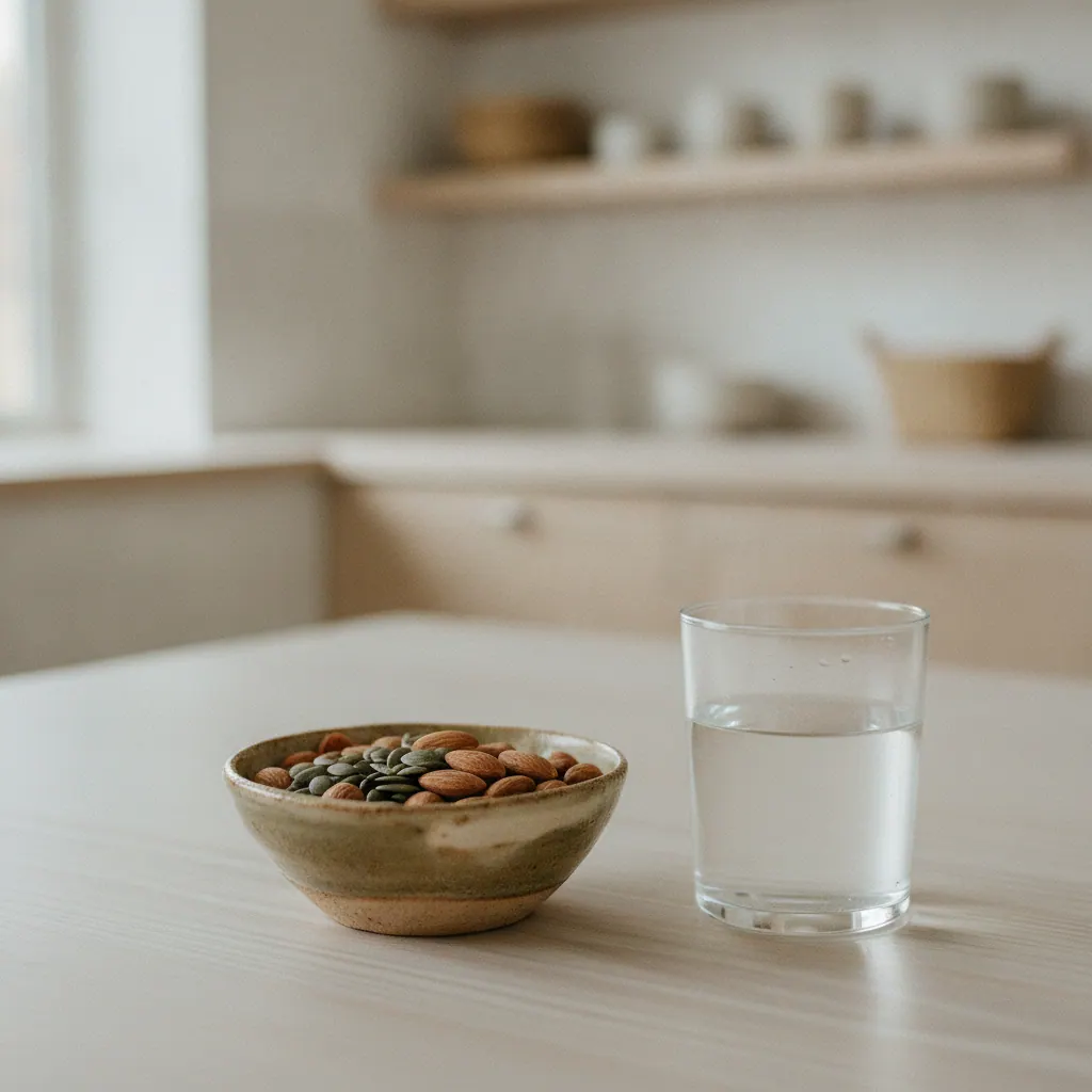 Almonds, pumpkin seeds and whole grains arranged in small ceramic bowls on a wooden surface