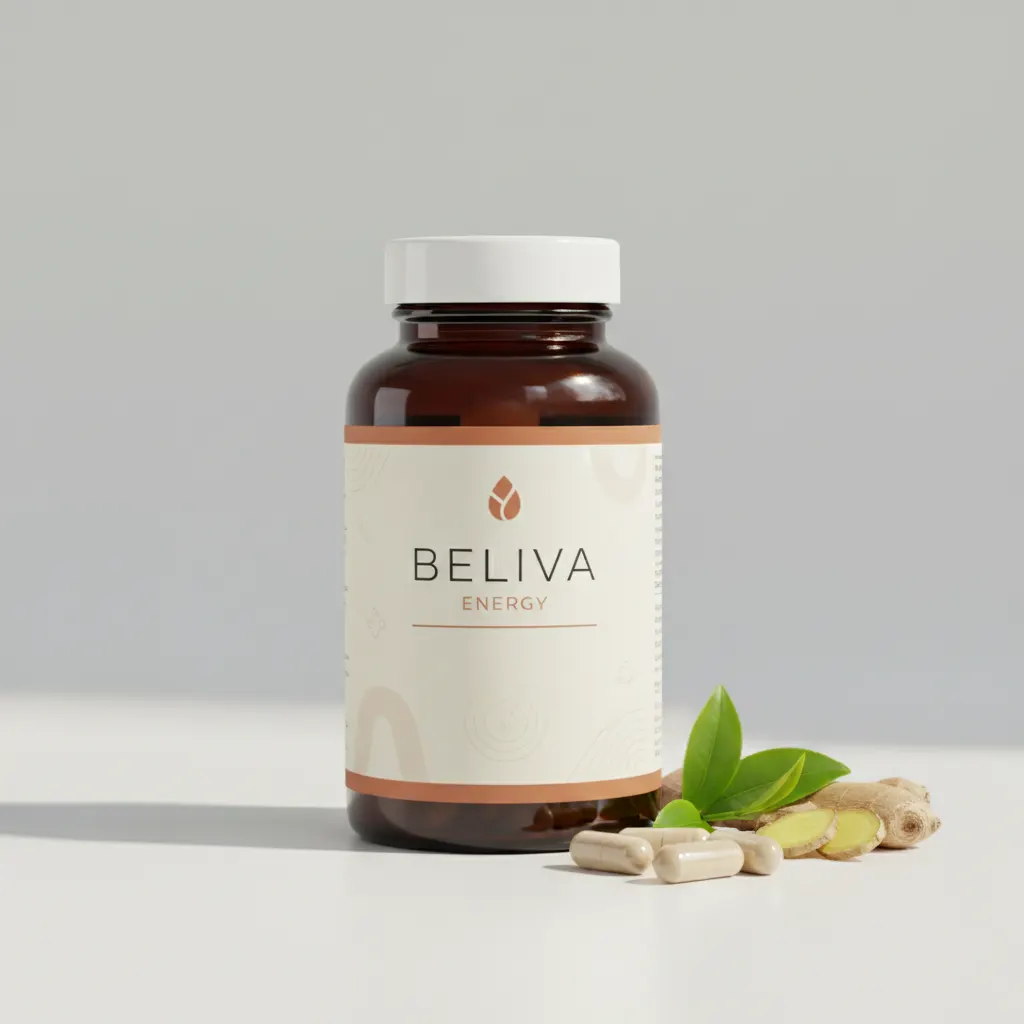 Beliva Energy white supplement bottle with label showing the product name and ingredients